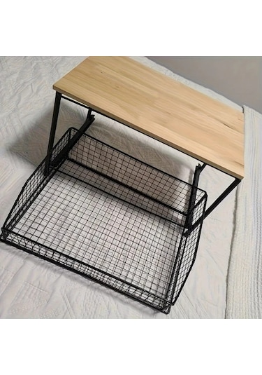 Honeybeeshop Siyah Metal Çerçeveli Ahşap Mikrodalga Rafı 37x26 Cm Çekmeceli Tezgah Düzenleyici