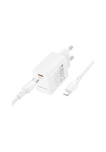 Borofone Bn28 Fuente Tek Portlu Pd30w Şarj Cihazı 1m Tip-c İle 8 Pinli Kablo, Fiş Tipi: Ab Fiş Beyaz Beyaz