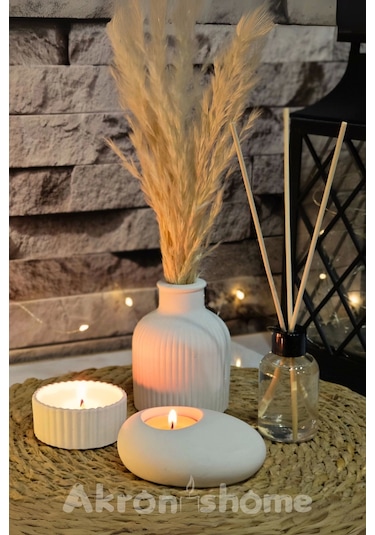 Dekoratif 4'lü Set Vazo,Vanilya Kokulu Mum, Tealight Mumluk ve Mum