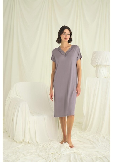 Monamise Kadın Yakası Dantelli Kısa Kollu Gecelik 18640 Gri