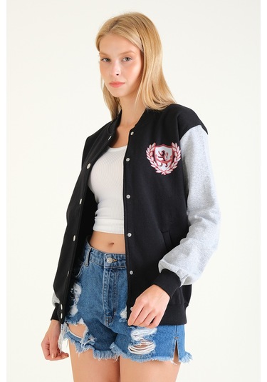 Giyi Dünyası Kadın Çıtçıtlı Şardonlu Kolej Sweatshirt Siyah 001