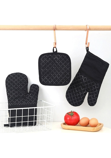 Geeksen 30 Cm Siyah Silikon Izgara Eldiveni Ve 2 Adet Isı Koruyucu Tutucu, Pamuk + Silikon Malzeme, 4'lü Set Çok Renkli