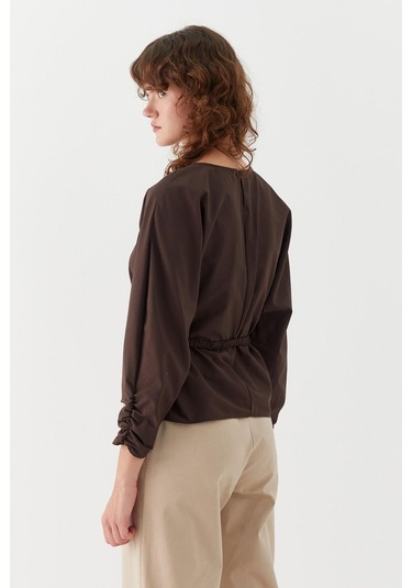 Büzgü Manşetli Kuşaklı Bluz Kahverengi Kahverengi