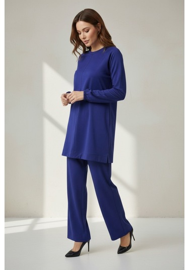 Kadın Tunik Önü Dikişli Altı Bantlı Pantolonun Beli Lastikli Önü Dikişli İkili Takım Mavi