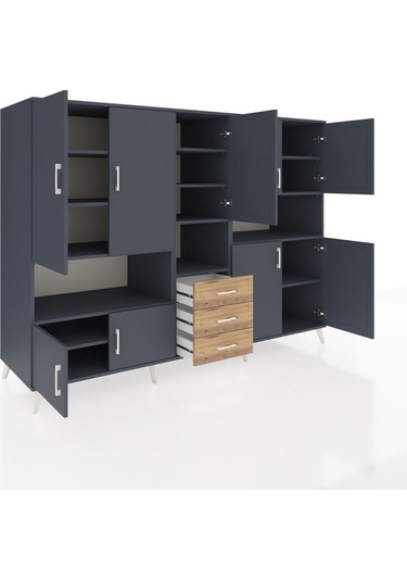 Kronos Dolap 13 Raflı 3 Çekmeceli 9 Kapaklı 220x59x163 Antrasit-a Antrasit-antrasit/çam