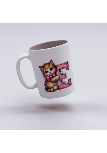 E Harfli Bardak, Sevimli Kedili Pembe Tasarım Bardak, Arkadaşa Aileye Hediye Porselen Beyaz