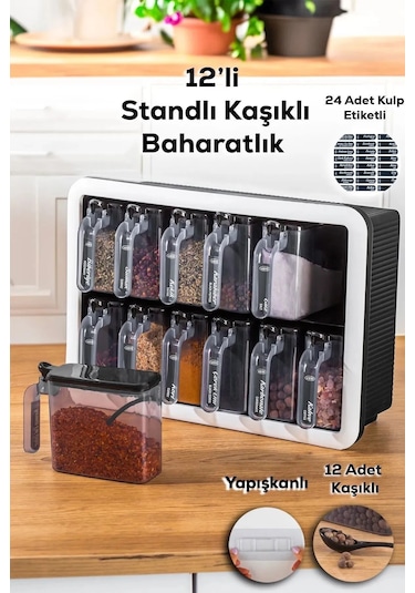 Random Standlı 12 Li Kendinden Yapışkanlı Kaşıklı Kapaklı Baharat Siyah