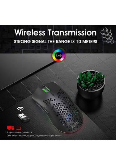 Hxsj T66 Rgb 2.4g Kablosuz Oyun Faresi Rgb Aydınlatmalı Şarj Edilebilir Ayarlanabilir Dpı Ergonomik Fare
