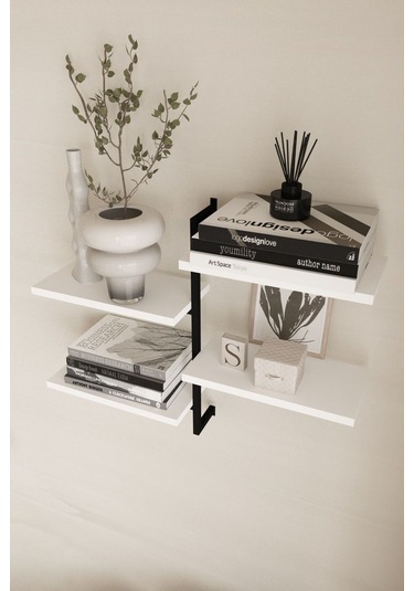 Aju 4 Katlı Duvar Rafı Metal Çerçeveli Dekoratif Kitaplık Ve Raf Ünitesi Modern Ve Minimalist Tasarıım Siyah