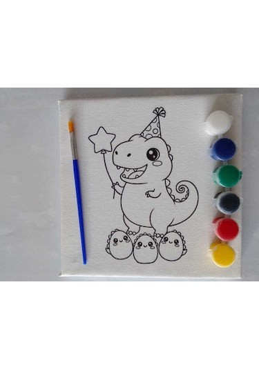 Dinozor Desenli Tuval Boyama Seti 20x20 Cm Boya & Fırça Dahil
