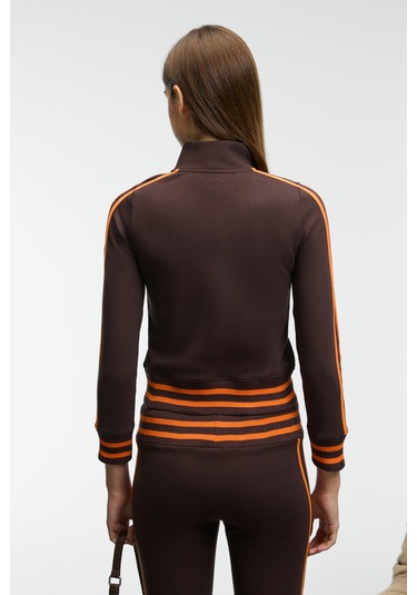 Grımelange Talysse Kadın Fermuarlı Dik Yakalı Etek Ucu Manşetli Trikolu Kahverengi Ceket Kahverengi