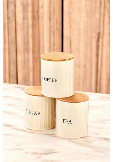 3 Lü Ahşap Kapaklı Metal Saklama Kutusu Çay Kahve Şeker Kavanoz Saklama Kabı Krem
