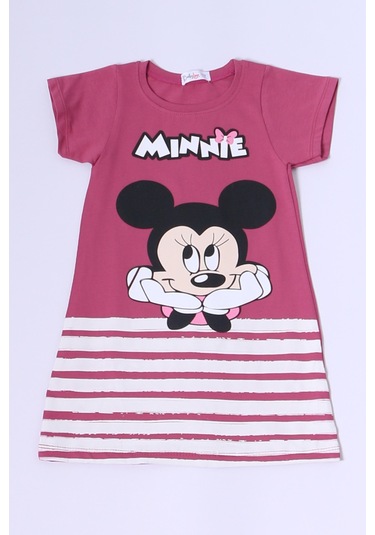 Kız Çocuk Elbise Karakter Baskılı Çizgili A25 Vişne Çürüğü