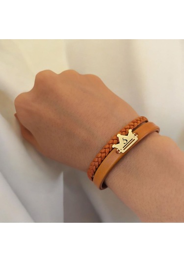 Archin S Harfine Özel Kahverengi Derili Taç Motifli 14 Ayar Altın Plakalı Hediye Bileklik-467harf S