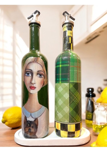 Vintage Sanat Desenli Retro Yeşil Cam Yağdanlık Seti-sirkelik Sosluk Seti- Ev Ve Mutfak Dekoru Yeşil