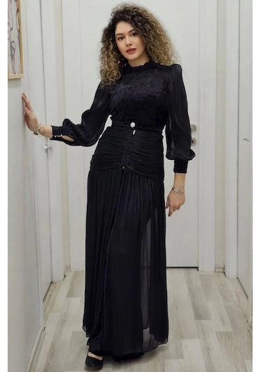 Çiçek Detaylı Çıkarılabilir Etekli Kadife Abiye 2752-siyah Siyah