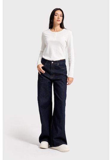 Itsbasic Kadın İndigo Renk 7w5-50 Palazzo Baggy Fit %100 Koton İç Boy 83cm Denim Jean