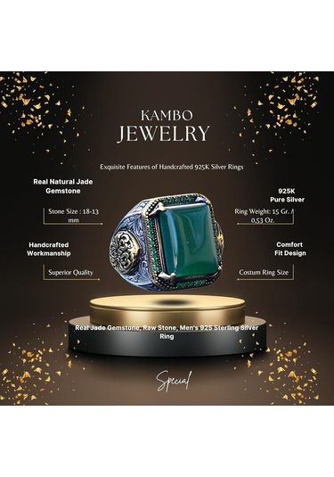 Doğal Yeşil Jade Taşı, Sterlin Gümüş Erkek Yüzük, Bizans İmparatorluğu Yüzüğü Gümüş