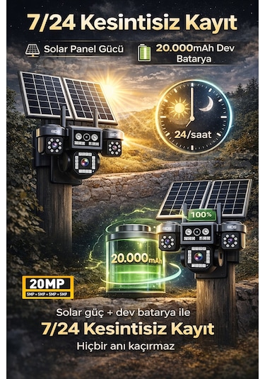 4 Kamera 20mp Ultrahd Güneş Enerjili Sim Kartlı 360 Güçlü Batarya 12xzoom Güvenlik Kamerası