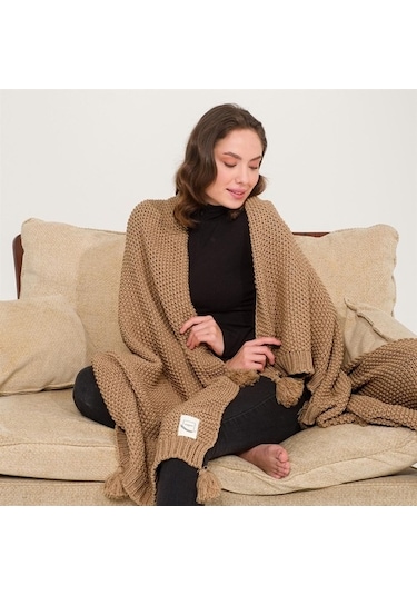 Coco Pirinç Örgü Ponponlu Triko Tv Battaniyesi Throw Koltuk Şalı (538861712)-130X170