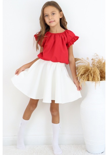 Kız Çocuk Kırmızı Bluz Krem Etek 23 Nisan 29 Ekim Gösteri Takımı Kırmızı-ekru