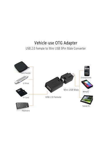 Gajeena Araç Otg Adaptörü Mini Usb 5pin Erkekden Usb2.0 Dişiye 360 Döner 90 Katlanır Siyah Usb Flash Disk, Kart Okuyucu Bağlanır