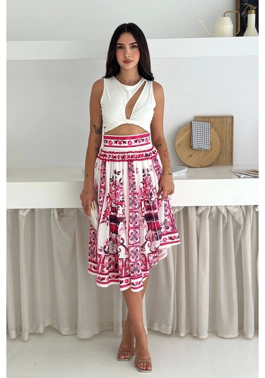 İthal Krep Kumaş Desenli Etek Pembe Mavi