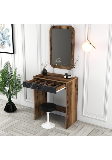Lizbon Mini Makyaj Masası Aynalı - Ceviz / Siyah Mermer