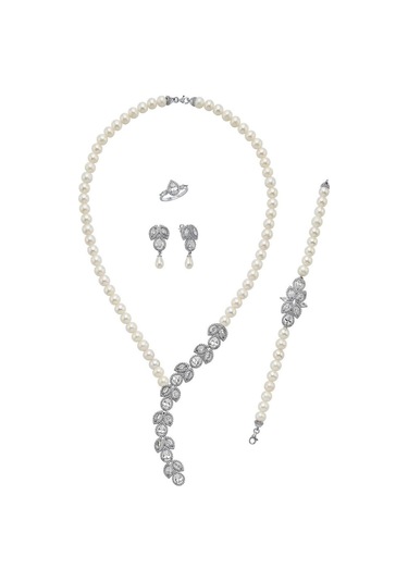 7,5 Mmkadın Doğal İnci Küpe Kolye Bileklik Yüzük Dörtlü Set 8 Gümüş