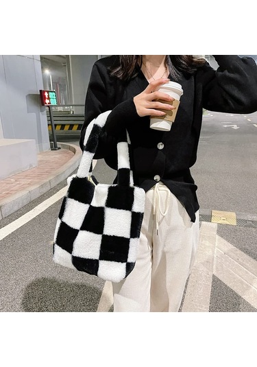 Peluş Kabarık Taşıma Çantası Büyük Kapasiteli El Çantaları Ve Siyah