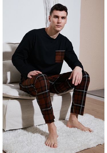 Buratti Ekoseli Cepli Beli Lastikli % 100 Pamuk Regular Fit Erkek Pijama Takımı 6572001 Siyah-Kahve
