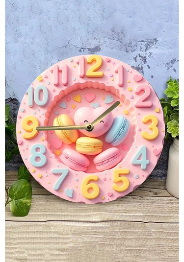 Pembe Kalpli Makaron Temalı Mdf Duvar Saati 3d Görünümlü, 2d Hd Baskı, Sessiz Mekanizmalı, Sdw233 Renkli