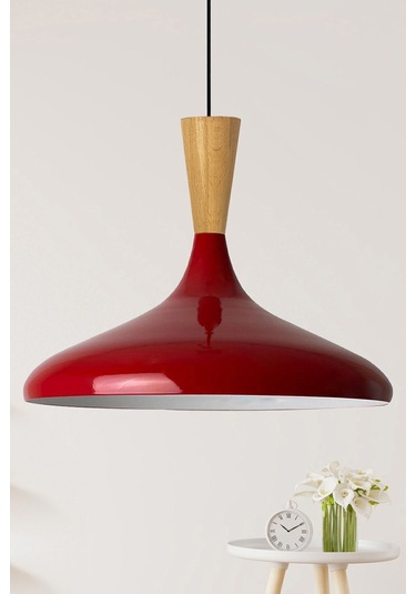 Champion Kırmızı Ahşap Huni Tekli Avize Sarkıt Salon Mutfak Cafe Butik Lamba Aydınlatma Avizeler Kırmızı