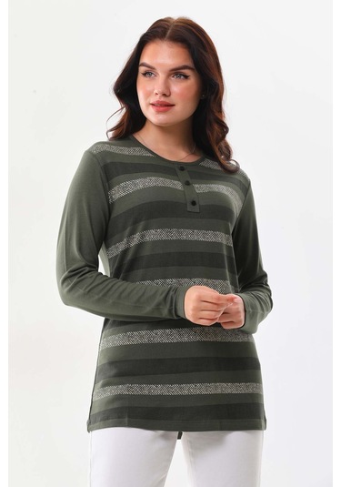 Sistas Kadın Desenli Bisiklet Yaka Uzun Kol Bluz 23596 Yeşil