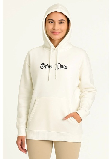 Kadın Oversize Üç İplik Şardonlu Kapüşonlu Sweatshirt Beyaz Other Lives Ön Ve Arka Baskılı, Kang Beyaz