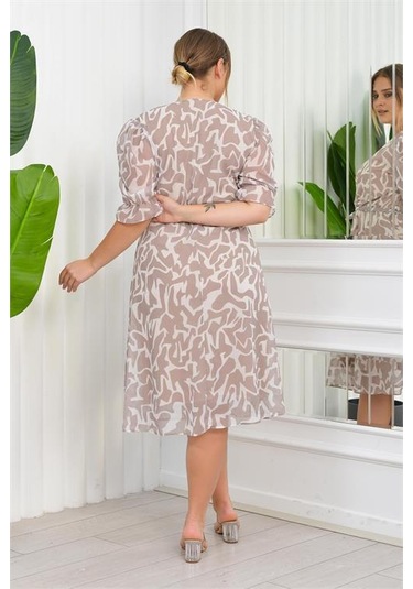 Dip Moda Kadın Büyük Beden Desenli Şifon Elbise Dpnb8063 - Bej Bej