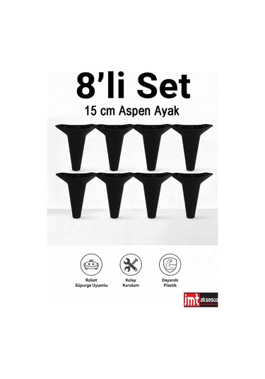 Aspen 15 Cm Siyah 8'li Set Koltuk Baza Dolap Tv Ünitesi Yatak Odası Konsol Ayağı Siyah