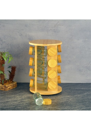 Bambu Standlı Basic Cam Tuzluk - 16 Lı Tuzluk Biberlik Baharatlık Yuvarlak 125 Ml. Şeffaf