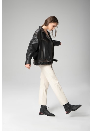 Dericlub Wm031 Oversize Biker Kadın Silme Deri Mont