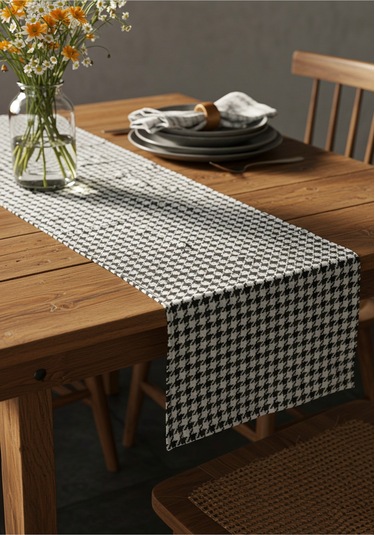 Siyah Beyaz Kazayağı Şık Masa Runnerı 50x150 Cm Modern Ve Zarif Masa Örtüsü Runner Siyah Beyaz Kazayağı