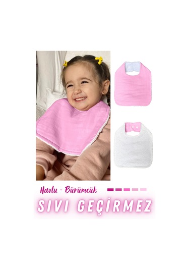 Pamuklu Sıvı Geçirmez Mama Önlüğü Bürümcük-havlu Çift Yönlü P-b Beyaz - Pembe
