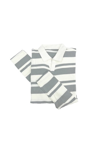 Fazra Erkek Polo Yaka Çizgili Triko Kazak 2025 Açık Gri