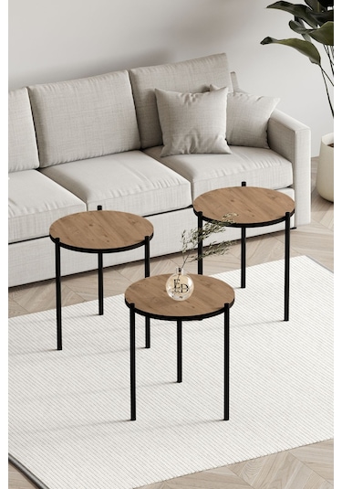 Nice 3'lü Zigon Sehpa Siyah Metal - Atlantik Çam Tabla