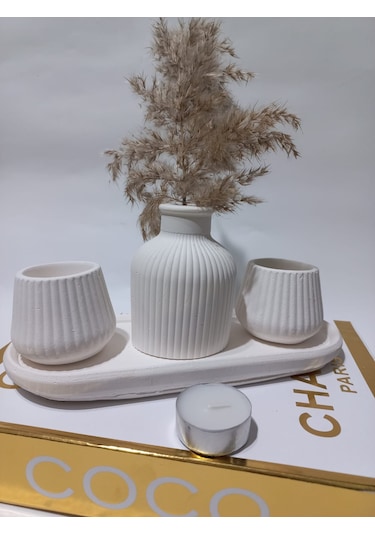 Küp Vazolu Tabaklı Tealight Mumluk Set Beyaz