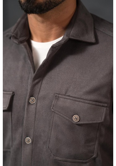 Advante Regular Fit Likralı Çift Cepli Pamuklu Astarsız Süet Gömlek Antrasit