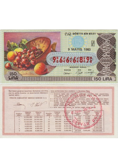 Eski Milli Piyango 1/4 Çeyrek Bilet 9 Mayıs 1983 Meyveler.