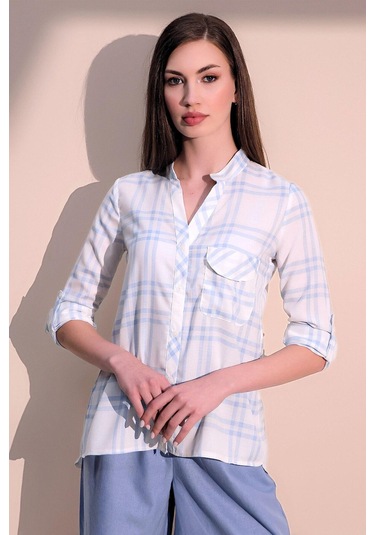 Kadın Mavi Uzun Kol Yeni Moda Ekose Desenli Tek Cep Hakim Yaka Gömlek Mavi