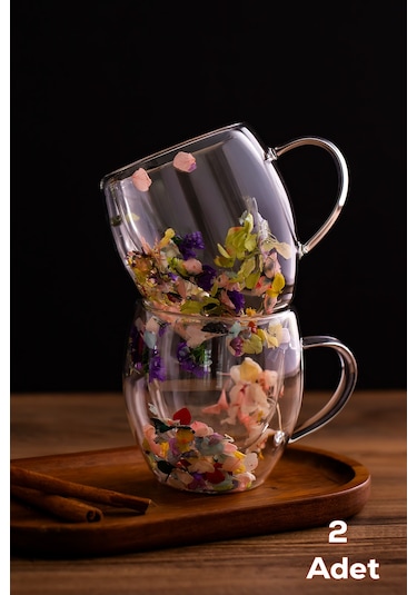 Porsima 2090 Leafy Çift Cidarlı Cam Çay Kahve Kupası Isı Yalıtımlı Kulplu Cam Bardak 2 Adet 250ml Şeffaf