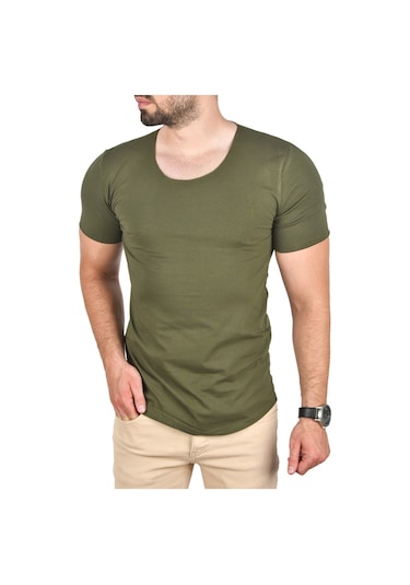 Deepsea Erkek Haki Geniş Yaka Likralı Tişört Oval Yaka Slim Fit Eteği Oval Açık Yaka T-shirt 1801199 Haki