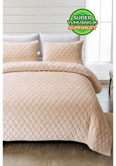 Evlen Home Kapitone Kadife Yatak Örtüsü Seti Çift Kişilik Supersoft 3 Parça Yumuşak Elyaf Dolgulu Bej Bej